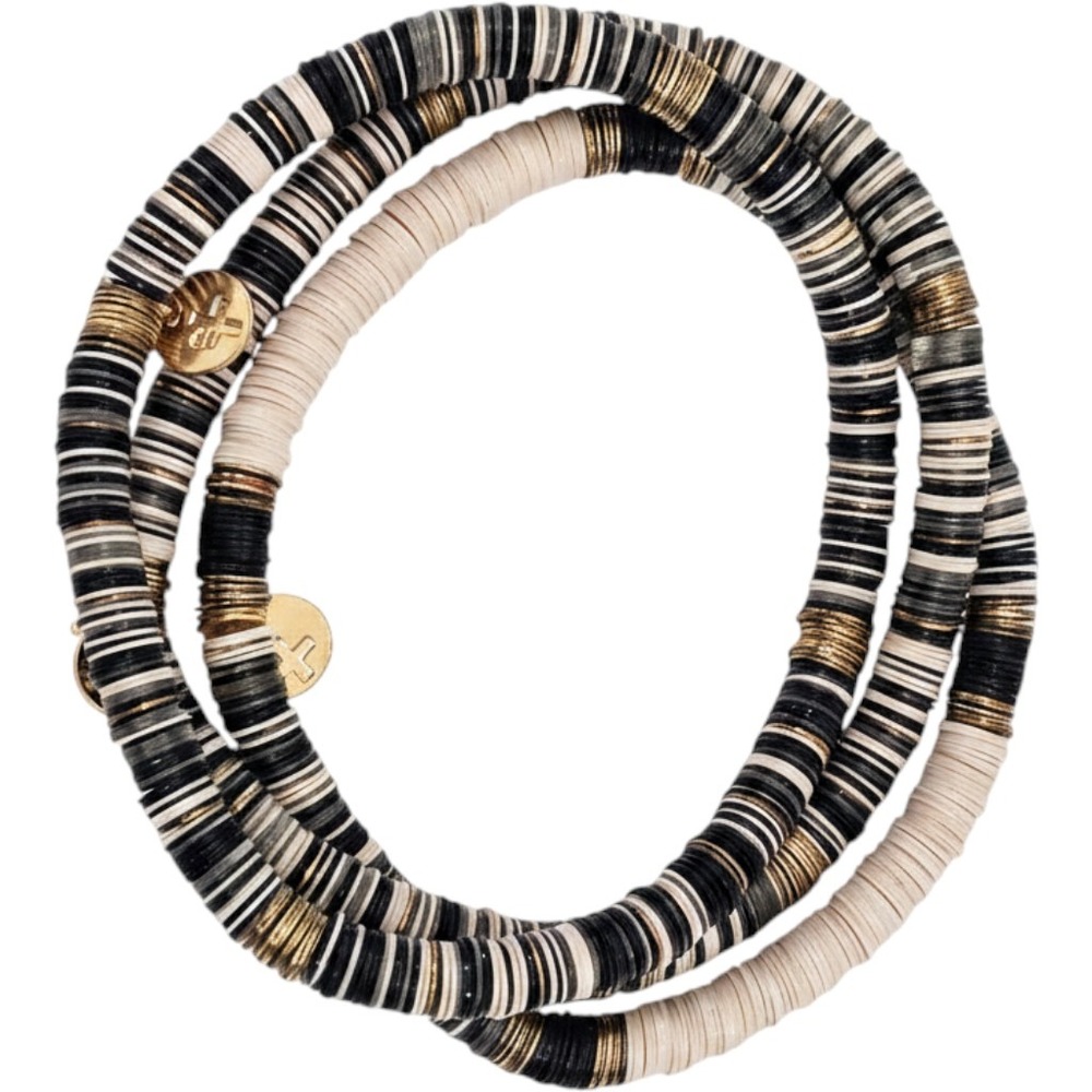 Ink + Alloy Heishi Bead Stretch Bracelet Set Black White Cream Gold Tone Boho